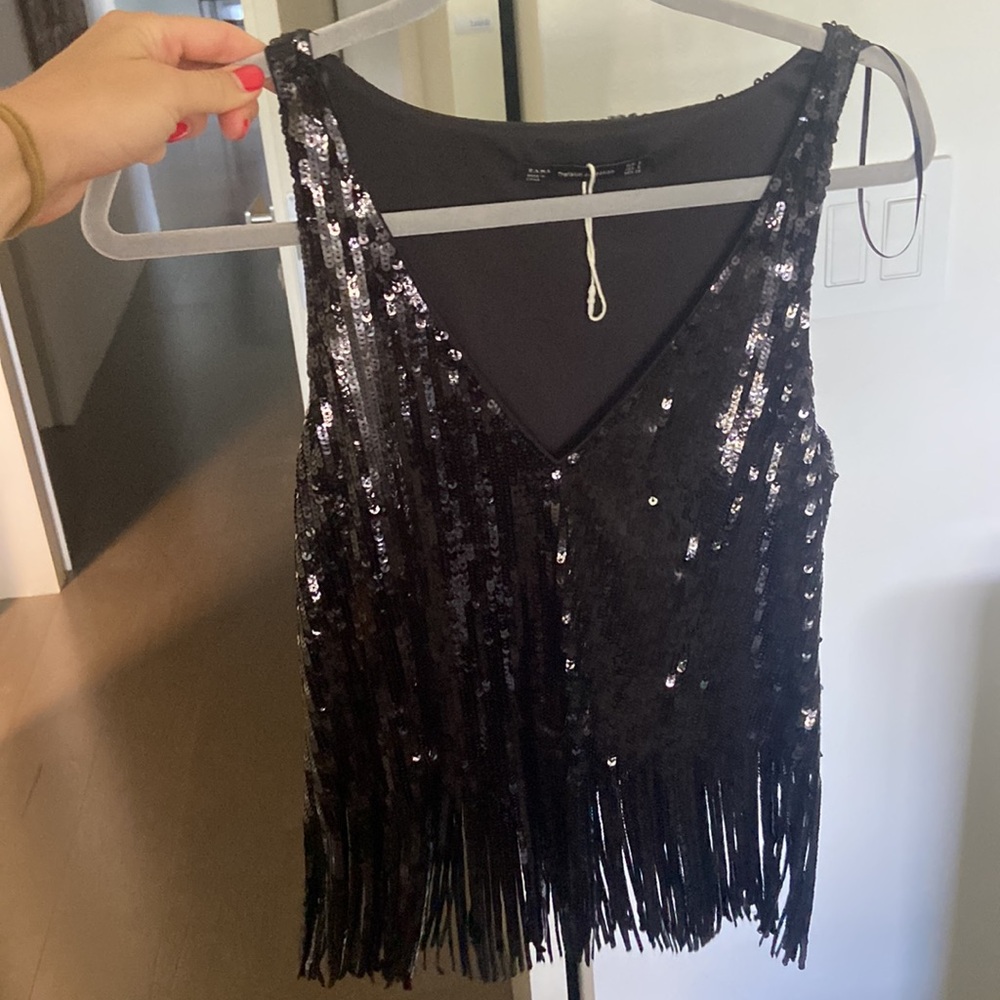Black Sequence Fringe Top From Zara Size S - image 3